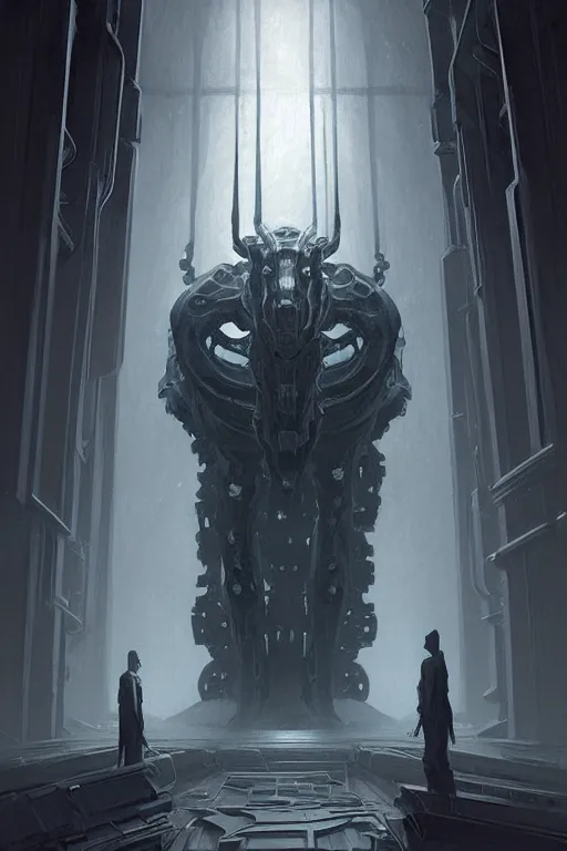 Image similar to professional concept art of a symmetrical! ominous floating mechanical steel terrifying giant monster thing in a dark room by artgerm and greg rutkowski. an intricate, space, elegant, highly detailed digital painting, concept art, smooth, sharp centred focus, illustration, cubism, in the style of cam sykes, wayne barlowe, igor kieryluk.