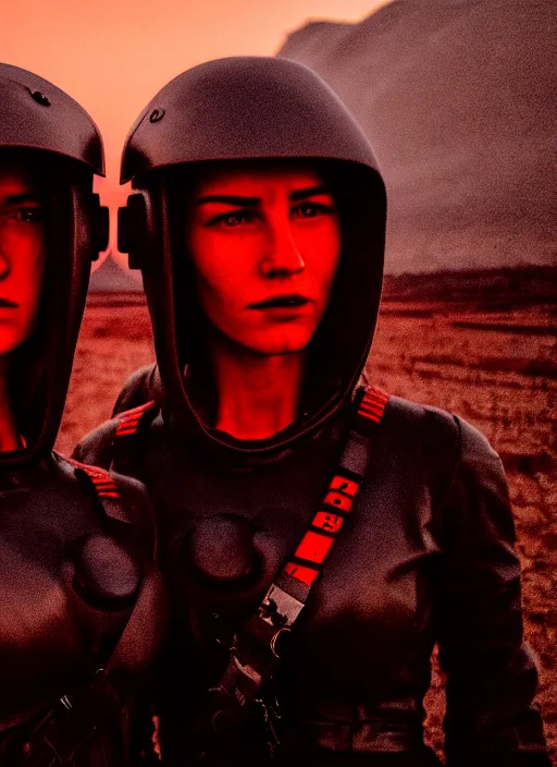 Image similar to cinestill 5 0 d photographic portrait of two loving female androids wearing rugged black techwear on a desolate plain with a red sky, extreme closeup, cyberpunk style, leather garters, dust storm, 8 k, hd, high resolution, 3 5 mm, f / 3 2, ultra realistic faces, ex machina