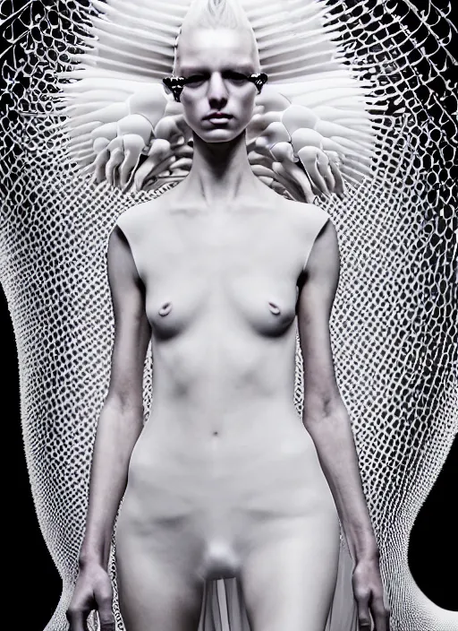 Image similar to walking down the catwalk, mert alas and marcus piggott, show, stage, vogue photo, podium, fashion show photo, historical baroque dress, iris van herpen, beautiful woman, full body shot, masterpiece, inflateble shapes, alien, predator, guyver, jellyfish, white biomechanical details, highly detailed