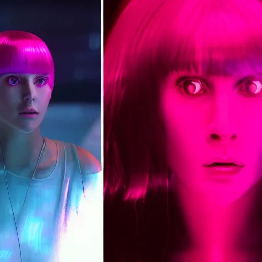 Image similar to joi from blade runner 2 0 4 9 as a giant pink translucent hologram, neo - noire