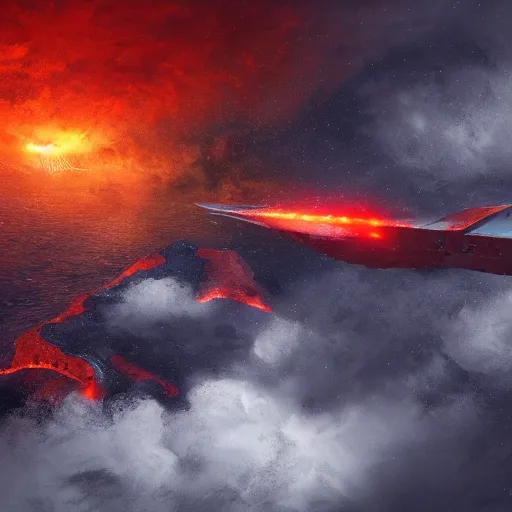 Image similar to ship flying in the sky during a cataclysm with a huge storm and rivers of lava, fantasy, concept art, artstation, hd 4 k