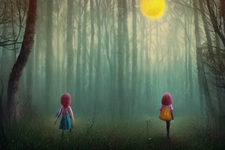 Image similar to giant daisy flowers head, girl walking in dark forest, surreal photography, dark night, stars, moon light, impressionist painting, clouds, digital painting, artstation, simon stalenhag