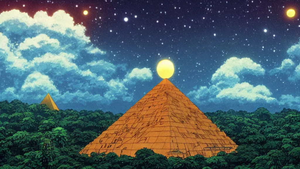 Prompt: a movie still from a studio ghibli film showing a huge glowing pyramid in the rainforest with a floating gold capstone on a misty and starry night. by studio ghibli