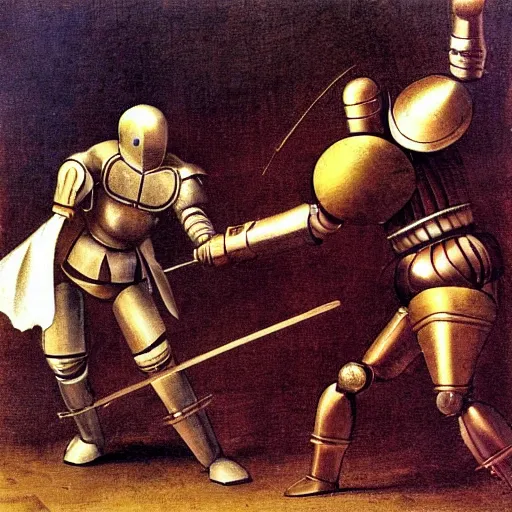 Image similar to da vinci's robot knight fighting a human knight on a battlefield