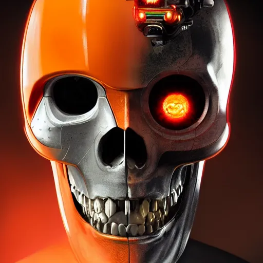 Prompt: a portrait of an cyborg vintage skull, vampire teeth, in an orange racing helmet by sandra chevrier, detailed render, epic composition, cybernetics, 4 k realistic, cryengine, realistic shaded lighting, sharp focus, masterpiece, by matteo scalera, gary montalbano, peter elson in the style of the tokyo ghost comic