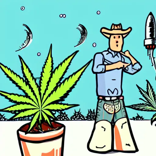 Image similar to an awkward and silly illustration of a cowboy admiring his cannabis plants while a rocket launches in the background