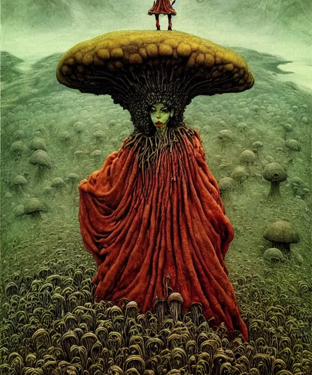 Image similar to A detailed funguswoman stands among the mushroom hills. Wearing a ripped mantle, robe. Perfect faces, extremely high details, realistic, fantasy art, solo, masterpiece, art by Zdzisław Beksiński, Arthur Rackham, Dariusz Zawadzki