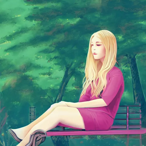 Image similar to an illustration of a young woman with long blond hair sitting on a green bench with her head in her hands, digital art, artstation