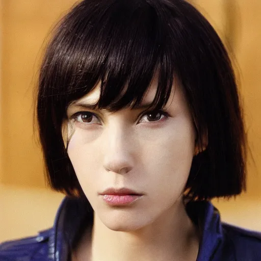 Prompt: a beautiful medium - shot of scarlett johnasson as motoko kusanagi looking into the distance, beautiful face, beautiful body, beautiful light failling on her face, chin - length bob with bangs haircut, by annie leibowitz