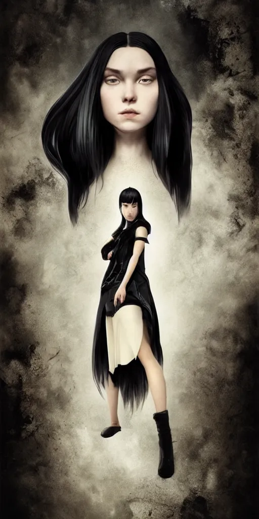 Prompt: character poster of young girl with straight long black hair wearing black dress sitting in bathroom floor, poster by capcom art team collaborating with artgem, greg rutkowski and mario testino