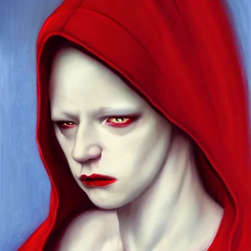 Image similar to beautiful albino princess wearing a red hooded cloak by gerald brom, photo realistic, 4 k