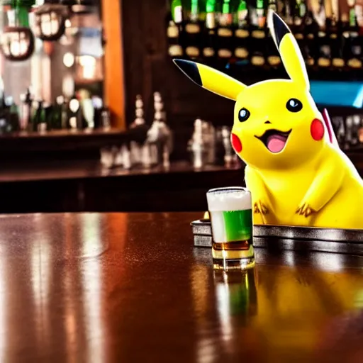 Image similar to pikachu sitting at the bar top of an Irish pub drinking beer