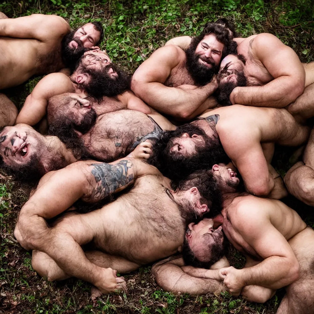 Image similar to dozens of big hairy strongmen in shorts laying down together in a bed in a forest, cuddling and kissing, photography, high details, epic, high resolution