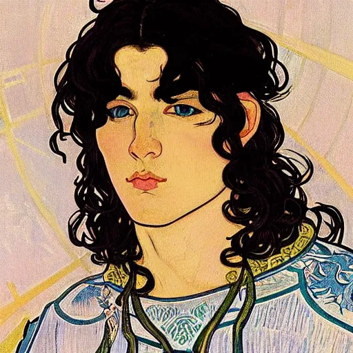 Prompt: painting of young handsome beautiful paladin elf!! man with long! wavy dark hair in his 2 0 s named shadow taehyung minjun at the blueberry party, wearing armor!, elegant, clear, painting, stylized, delicate, soft facial features, art, art by alphonse mucha, vincent van gogh, egon schiele,