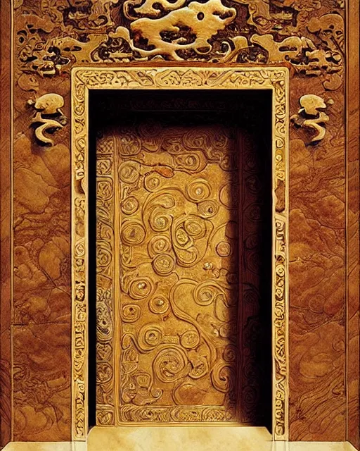 Prompt: ancient chinese wood burl door with intricate gilding and carved ivory, redwood, fantasy art, marc simonetti, ferdinand knab