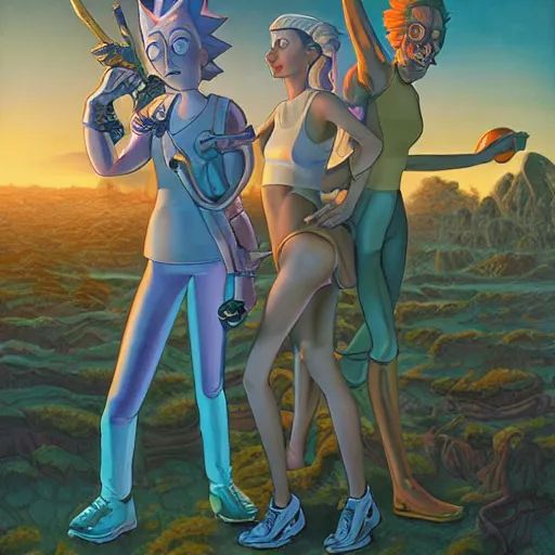 Prompt: Rick and Morty as a muscled heroines staring into the camera, killing pokemons, torch shadows, foggy night, intricate, elegant, highly detailed, Donato Giancola, Joseph Christian Leyendecker, WLOP, Boris Vallejo, Artgerm