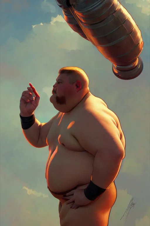 Image similar to an overweight man as a human cannonball, realistic painting, symmetrical, highly detailed, digital painting, artstation, concept art, smooth, sharp focus, illustration, cinematic lighting, art by artgerm and greg rutkowski and alphonse mucha