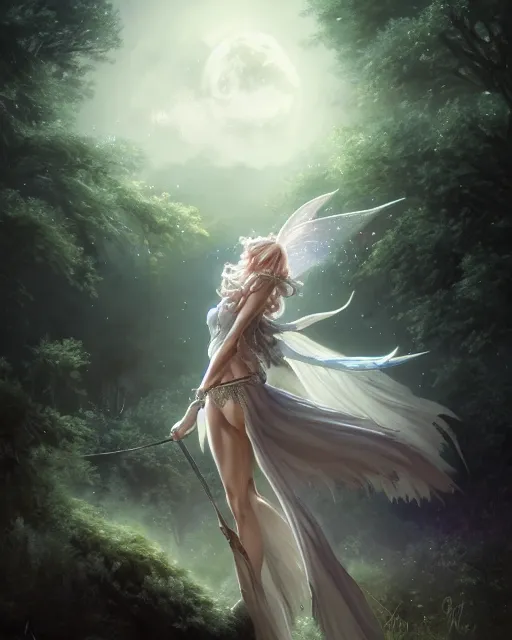 Image similar to attractive fairy goddness fly high in the night, d & d, fantasy, mist, full moon in background, trees, hyper detailed, art by artgerm and greg rutkowski and magali villeneuve, midium shot, 8 k realistic, cryengine, digital painting, trending on artstation, concept art, sharp focus, illustration,