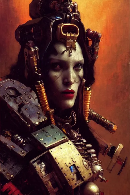 Image similar to full character portrait max mad cyberpunk warhammer 4 0 k, barbarian tech priest supersoldier not the girl with the pearl earring character design, painting by gaston bussiere, katsuya terada, nc wyeth, greg rutkowski, craig mullins, vermeer, frank frazetta, mucha, tom of finland, trending on artstation, jeffery catherine jones