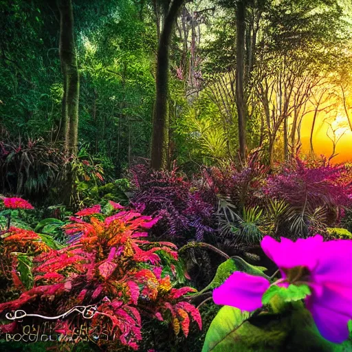 Image similar to an enchanted forest full of beautiful tropical flowers, with a sunset, by alex horley, bokeh photography, amaranth colour