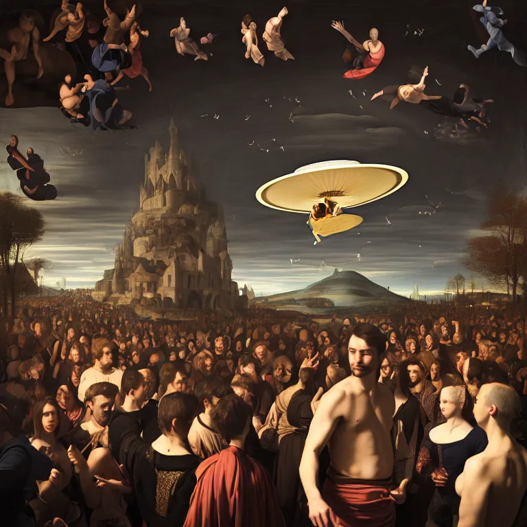 Prompt: portrait of beautiful man in a crowd of medieval people surrounding UFO flying saucer, dream-like atmosphere, baroque portrait painting, perfect portrait composition, beautiful detailed intricate insanely detailed octane render trending on Artstation, 8K artistic photography, photorealistic, soft natural volumetric cinematic perfect light, chiaroscuro, award-winning photograph, masterpiece, Raphael, Caravaggio, Greg Rutkowski, Beeple