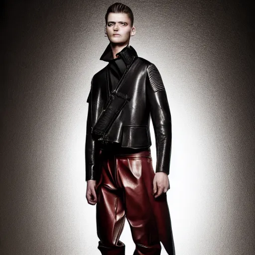 Prompt: an award - winning editorial photo of a male model wearing a baggy designer medieval cropped leather menswear jacket by alexander mcqueen, 4 k, studio lighting