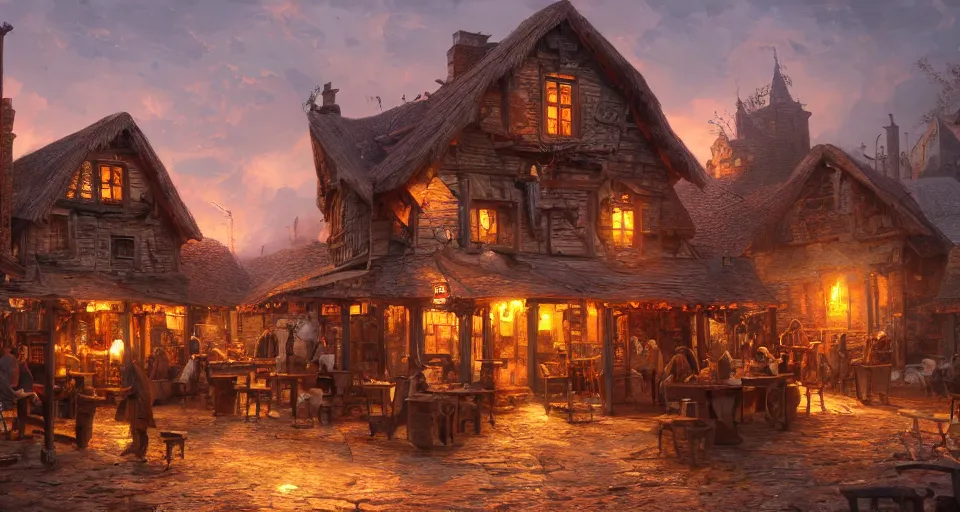 Image similar to tavern, hyperdetailed, artstation, cgsociety, golden hour 8 k