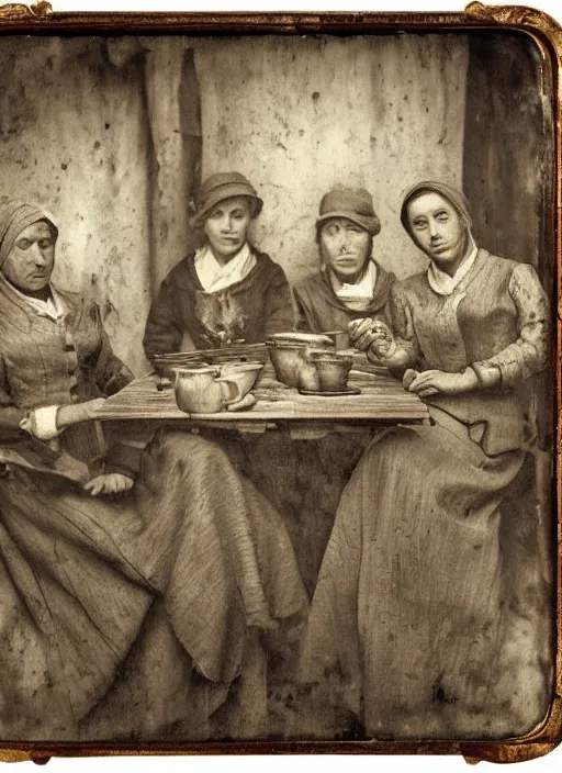 Image similar to old wetplate daguerreotype potato eaters by van gogh, fractal, intricate, elegant, highly detailed, parallax, leica, medium format, subsurface scattering, by jheronimus bosch and greg rutkowski and louis jacques mande daguerre