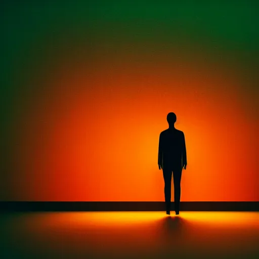 Image similar to a cinema c 4 d 3 d render of a small silhouette of a man standing in front of orange, green and cyan neon glowing vertical stripes by beeple, trending on artstation, 8 k resolution