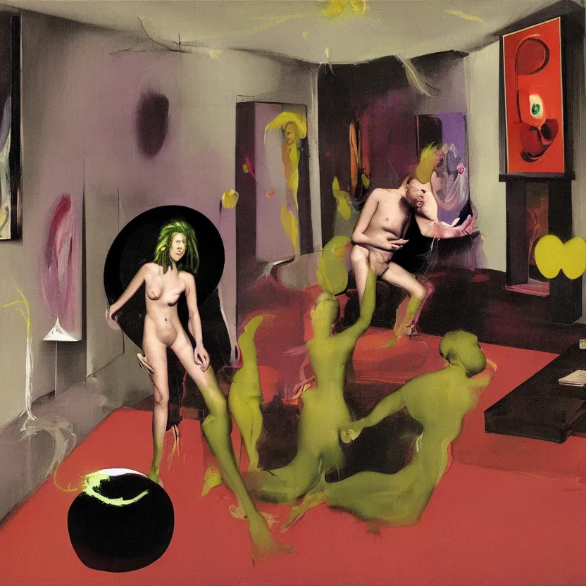 Image similar to Man and woman start to bounce in a living room of a house, floating dark energy surrounds the middle of the room. There is one living room plant to the side of the room, surrounded by a background of dark cyber mystic alchemical transmutation heavenless realm, cover artwork by francis bacon and Jenny seville, midnight hour, part by adrian ghenie, part by jeffrey smith, part by josan gonzales, part by norman rockwell, part by phil hale, part by kim dorland, artstation, highly detailed