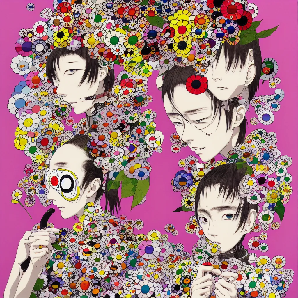 Image similar to prompt: Fragile portrait of singular persona covered with random flowers illustrated by Katsuhiro Otomo, inspired by Takashi Murakami and 1990 anime, smaller cable and cyborg parts as attributes, eyepatches, illustrative style, intricate oil painting detail, manga and anime 1990