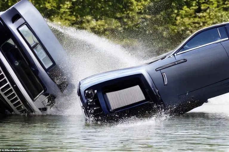 Image similar to Group of teenagers push Rolls-Royce into lake with their hands from a small slide