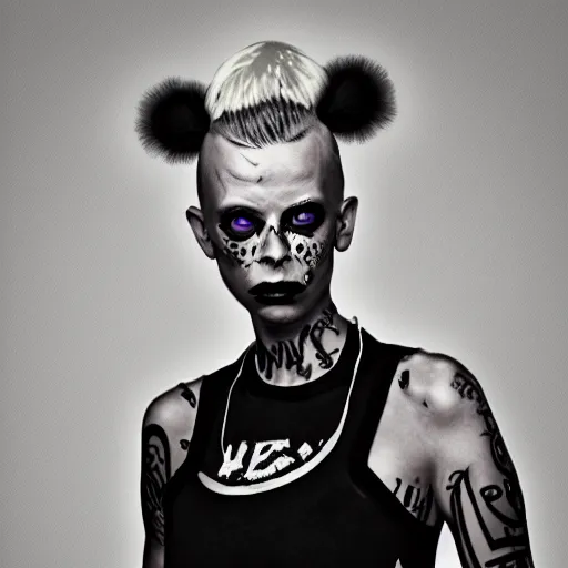 Prompt: die antwoord yolandi portrait, back and white, zef design graffiti in the background, dark lighting, digital art