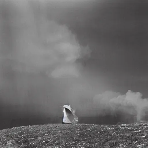 Image similar to 1 9 7 0's artistic spaghetti western movie, a woman in a giant billowy wide flowing waving dress made out of white smoke, standing inside a dark western rocky scenic landscape, volumetric lighting, backlit, moody, atmospheric