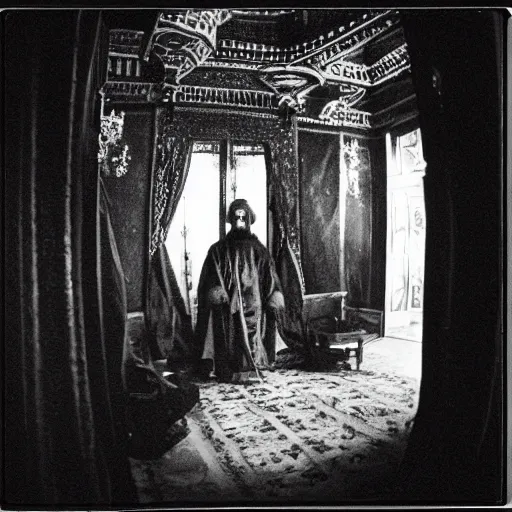 Prompt: ivan the terrible in his chamber in moscow kills the time, kodak, old photo, black and white, film, wide lens, 1 6 mm,