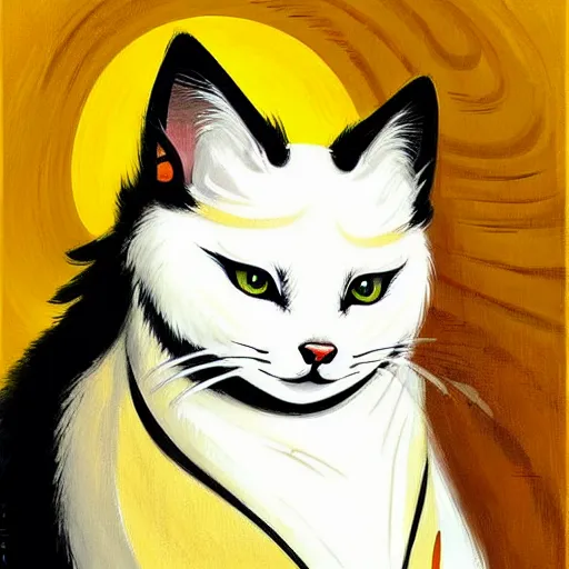 Image similar to painting of a cute white ( okami style ) ( ( kitsune ) ) cat zen master with yellow patterns, plain white background, no people, art by jc leyendecker, phil hale, angular, brush strokes, painterly, crisp, portrait of a cat, cat portrait painting