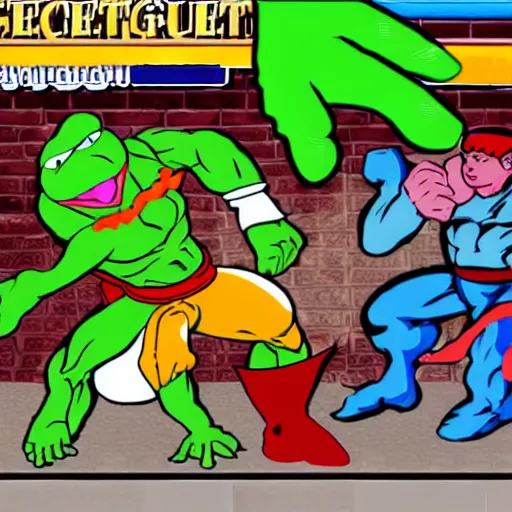 Image similar to street fighter super nintendo fight between kermit and captain planet marketplace background