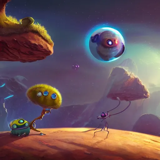 Image similar to masterpiece artwork of cute alien planet with cute aliens on it, au naturel, hyper detailed, digital art, trending in artstation, behance, deviantart, cinematic lighting, studio quality, smooth render, unreal engine 5 rendered, octane rendered, art style by pixar dreamworks warner bros disney