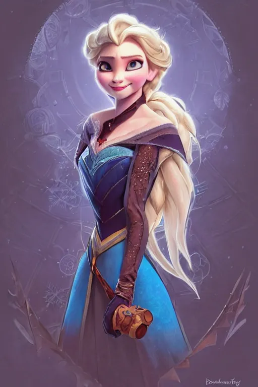 Image similar to elsa from frozen as steampunk half - cyborg, western gunslinger, high fantasy, dnd, smooth, sharp focus, illustration, highly detailed, digital painting, artstation, concept art, by disney animation, rossdraws, alphonse mucha, frank fanzzeta, collectible card art