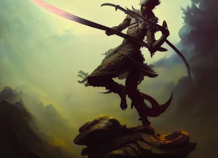 Prompt: full body picture of an legendary blader, holding the ego sword to the camera, chiaroscuro, intricate, masterpiece, epic fantasy illustrations by peter mohrbacher and anato finnstark and jeremy lipking