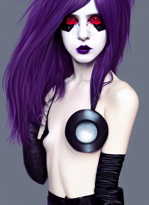 Image similar to portrait of white teenage girl, normal face, black bangs, mall goth, cyberlox, black and white hair, bangs, fluffy bangs, red contact lenses, purple lipstick, intricate, elegant, highly detailed, digital painting, artstation, concept art, sharp focus, smooth, illustration, art by wlop, mars ravelo and greg rutkowski