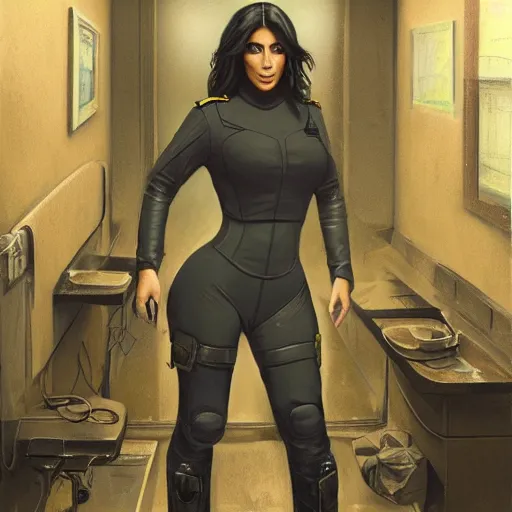 Image similar to kim kardashian as a cop, police uniform, full body view, full pov, haunted house interior, pretty, aesthetic, dust molecules, matte detailed photo, DeviantArt, Artstation, by donato giancola, ralph horley, loish, cinematic lighting