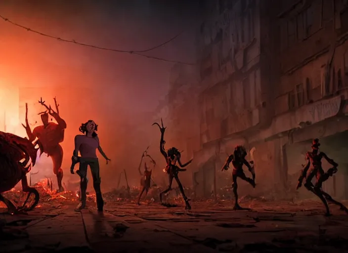 Prompt: a battle in the ruined streets at night between 3 d pixar disney zombies and 3 d heroic survivor in the style of pixar walkind dead, being lit by fireflames, medium shot, studio ghibli, pixar and disney animation, sharp, rendered in unreal engine 5, anime key art by greg rutkowski, bloom, dramatic lighting