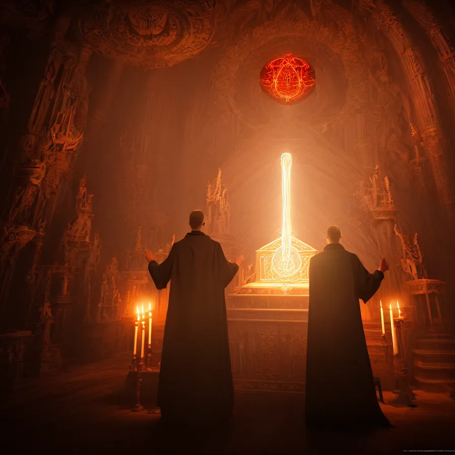 Prompt: an occult priest performs demonic ritual with magic and a glowing sigil in a fantastic temple, volumetric lighting, magical lighting, raytracing, dynamic lights and shadows, photorealistic render, digital art, wallpaper, octane, redshift, hyperdetailed, intricate details