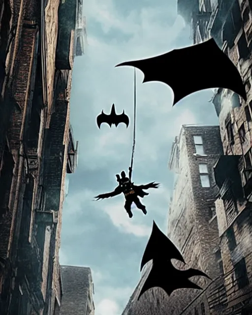 Image similar to epic action still of baby yoda wearing batman outfit as batman hanging upside - down from building in atmospheric alleyway in the style of batman the dark knight rises