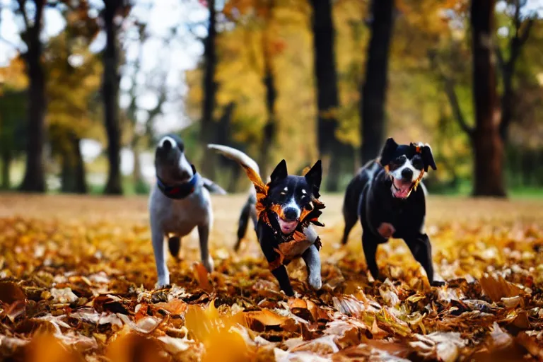 Image similar to dogs running through autumn leaves towards the camera, long shot, shot from below