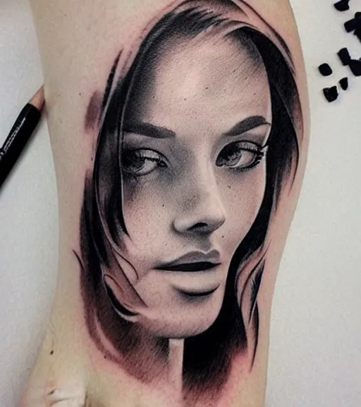 Prompt: tattoo design sketch of a beautiful woman face with a faded background of beautiful mountains and nature on her left side, hyper - realistic, in the style of den yakovlev, amazing detail, black and white