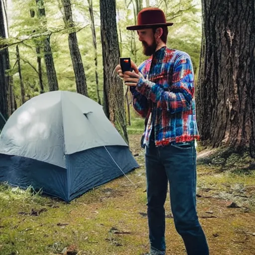 Prompt: a hipster dinosaur dancing in a campsite filming a tiktok video on his cell phone