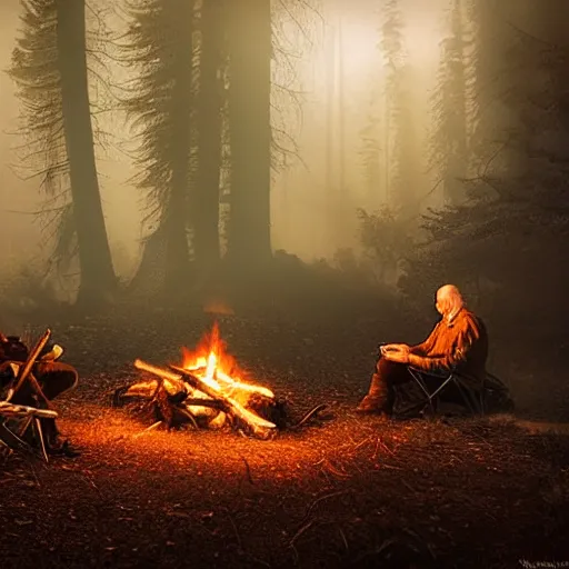 Image similar to closeup photo of stalker and witcher sitting near campfire, by marc adamus, beautiful dramatic lighting