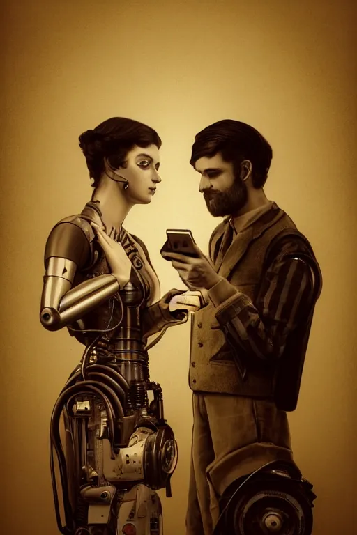 Prompt: a beautiful ultradetailed vintage photo of two cyborgs facing away from each other looking at their cellphones, by tom bagshaw and anna dittman, couples portrait, vignette, 3 5 mm lens, golden ratio composition, detailed faces, studio photography, very detailed, humanoids, industrial robots, artstation, 8 k, highly coherent